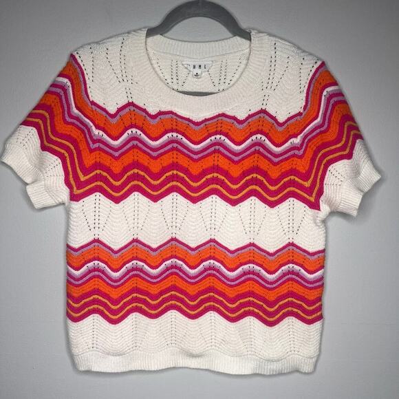 THML Vintage Inspired Chevron Knit Sweater Top Short Sleeve Boho Sz Med. Cottage - Picture 2 of 8